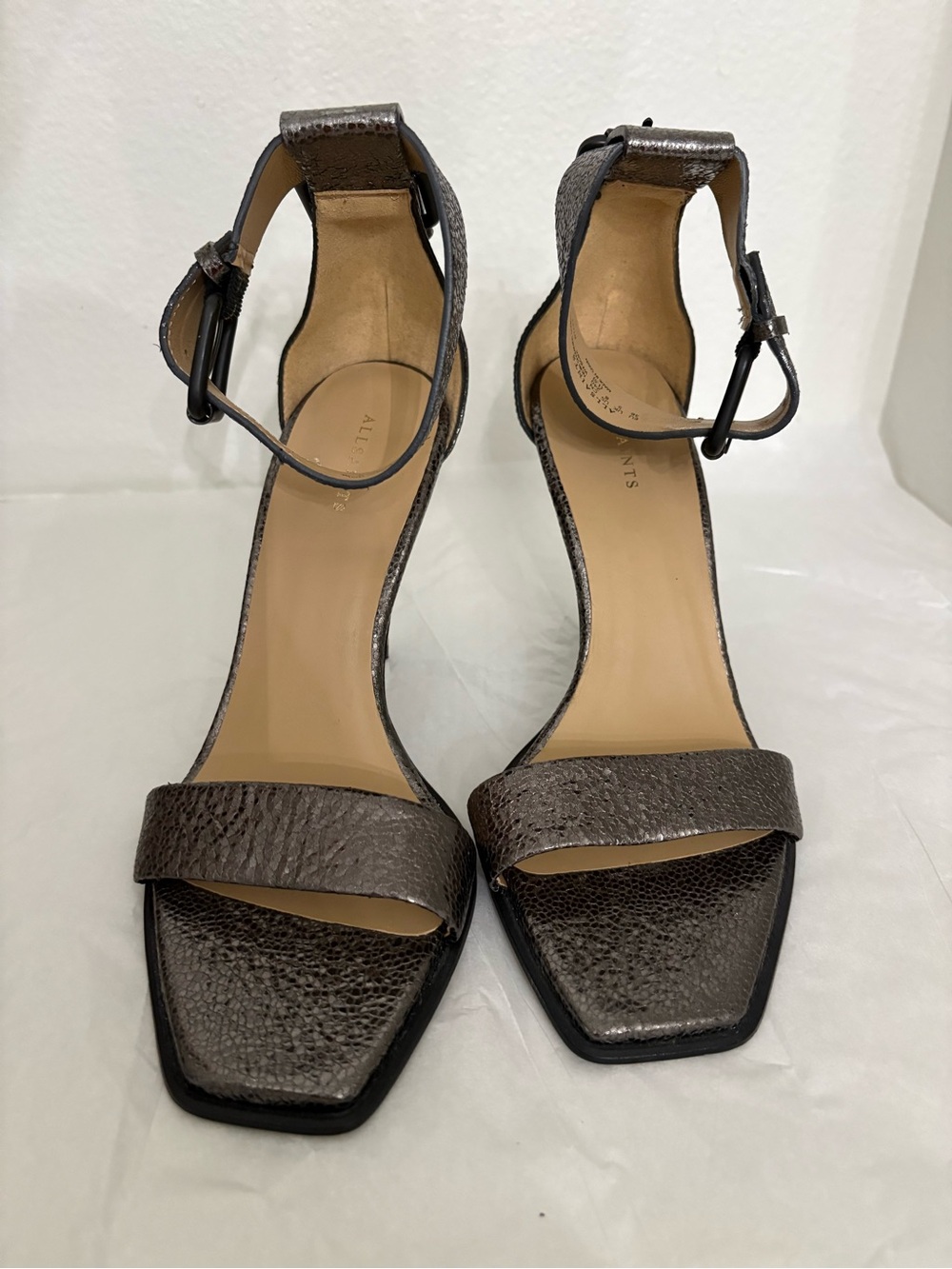 All Saints Metallic Pewter Leather Ankle-Strap Heels